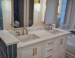 Bathroom vanity and tub in a remodeled bathroom
